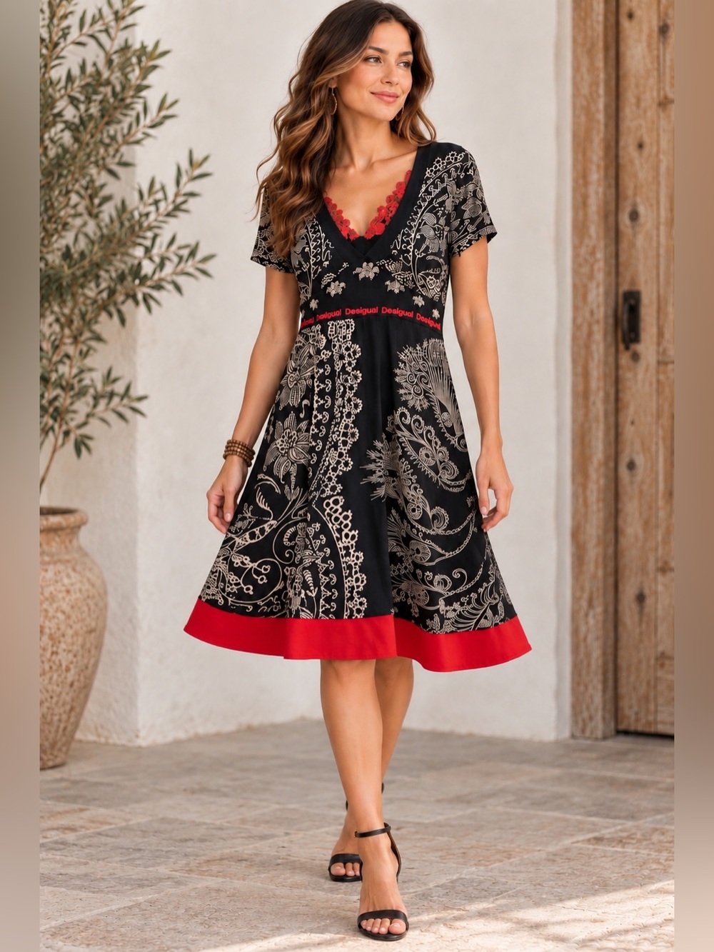 Desigual Black Red Floral Paisley V Neck A Line Dress Boho XL Whimsygoth Indie